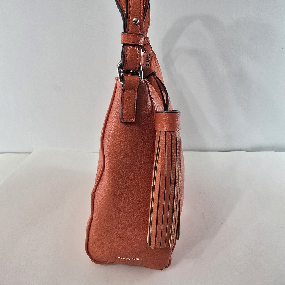 Tahari Orange Quilted Leather Hobo with Tassel - Picture 4 of 12